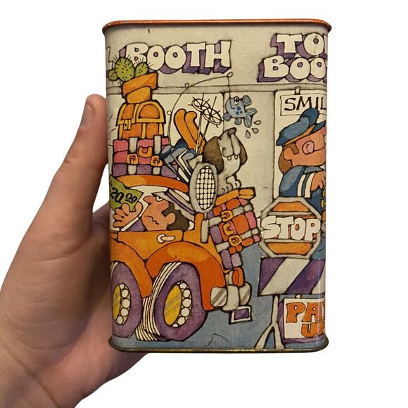 Vintage Hallmark Toll Booth Tin Bank, 70s Toll Booth Operator Graphics Coin Bank - Picture 1 of 9